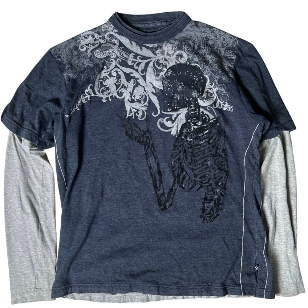 Moden Culture Layered Long Sleeve T-Shirt Men's L Blue Skull Tribal VTG Y2K